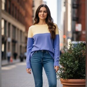 LILY PULITZER BLUE & BEIGE COLOR BLOCK WOOL BLEND LONG CREW NECK SWEATER